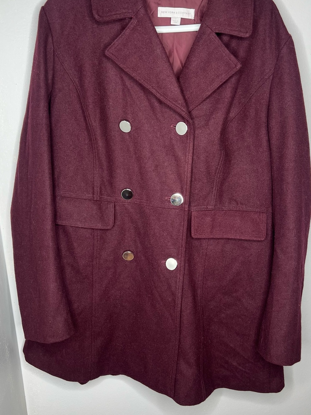 New York & Company Double-Breasted Pea Coat in Burgundy